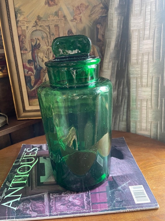 Antique Green Glass Water Bottle With Lid.105 Etsy