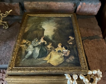 Vintage Italian Florentine Gold Gilt Jewelry Box with Mirror and Romantic Rococo Courting Scene – Made in Italy Trinket Storage Keepsake Box
