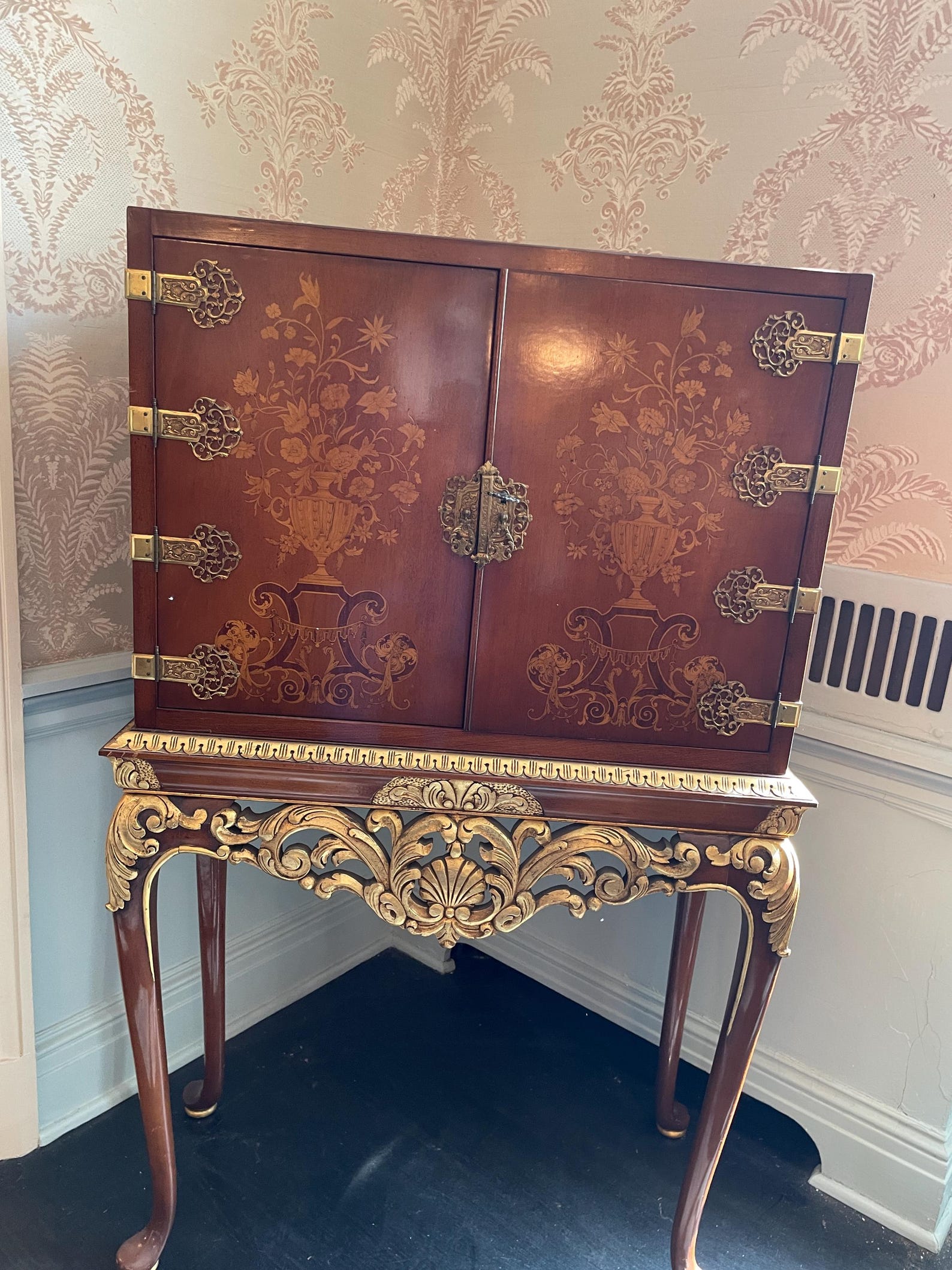 Vintage French Style Accent Cabinet, Floral Inlay, Gold Gilded Table ...