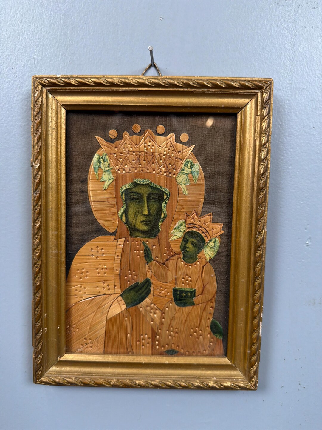 Vintage Madonna & Child Wall Art Framed Religious Icon Style Wood Inlay ...