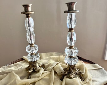 Pair Crystal Brass Ornate Candle Holders Elegant Table Centerpiece Faceted Glass Romantic Decoration Hollywood Regency Style Collectible