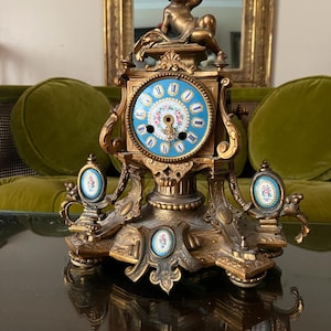 Antique French Bronze Cherub Mantel Clock Blue Porcelain Accents Rococo Gilt Rare Old Home Decor Unique Collectible Table Decoration