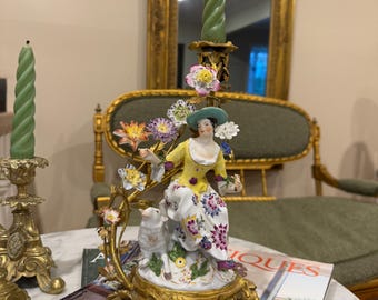 Antique French Porcelain Lady Candlestick, Hand-Painted Flowers, Gilt Ormolu Base