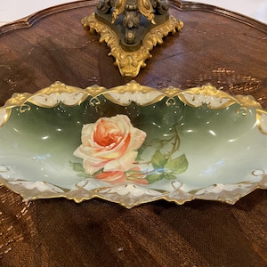 Antique Hand Painted Porcelain Bowl Pink Rose Design Ornate Gold Trim Art Nouveau Austrian Centerpiece Decorative Collectible Display Dish