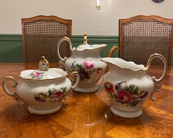Rosenthal Selb Bavaria Rogalmhoe - Juego de tetera, jarro y azucarero con diseño floral, detalles dorados, vajilla vintage de porcelana alemana, ideal como regalo