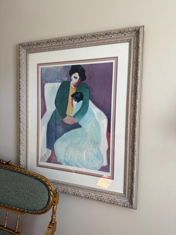 抽象アートプリント 金色フレーム付き ヴィンテージ額入り抽象アートプリント：女性と子供、華やかなゴールド