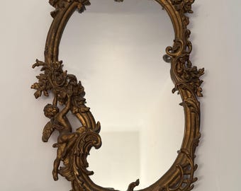Antique French Rococo Gilded Mirror, Cherub Detail, 19th C.