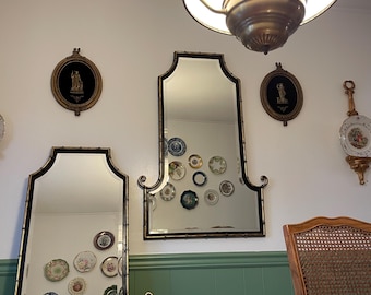 Vintage Horchow Bamboo Mirror Pair, Black Gold Chinoiserie Wall Decor
