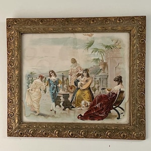 Antique Gilded Frame Art Victorian Courting Scene Romantic Wall Decor Ornate Gold Frame Classical Style Interior Collectible Wall Hanging