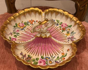 アンティーク ドイツ製 手描き 花柄 金彩 磁器製 サービングディッシュ、ロココ キャンディボウル