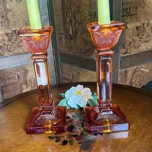 Pair of Vintage Orange Glass Candle Holders Art Deco Column Design Elegant Taper Stand Table Decor Retro Home Accents Collectible Gift Idea