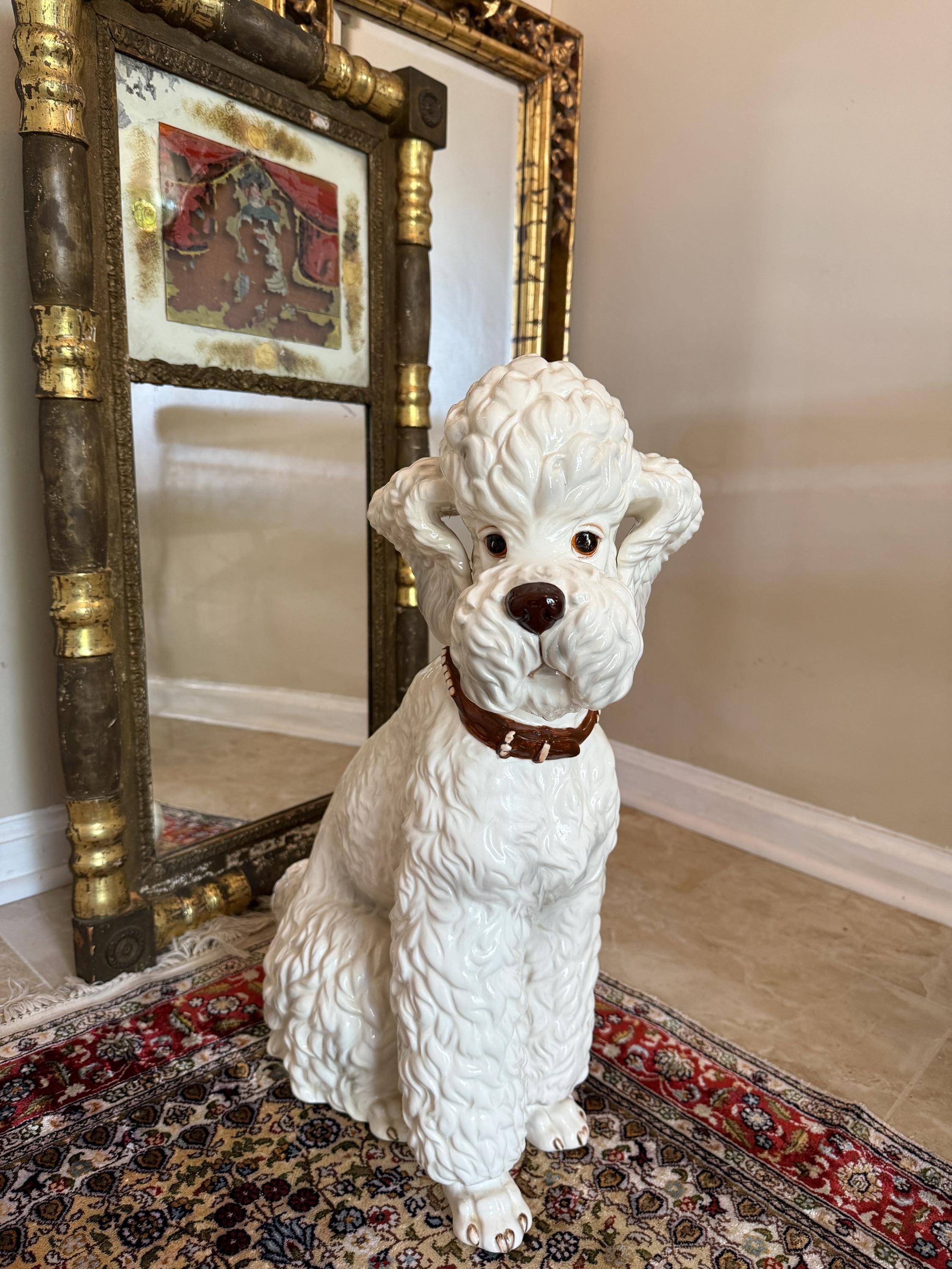Vintage White Dog Statue Mid Century Hand Painted Ceramic J