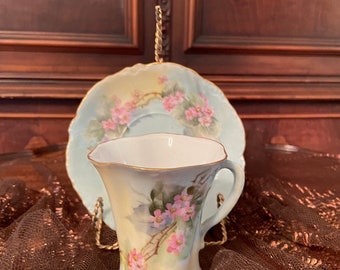 Antique Versailles Demitasse Cup Saucer Set Hand Painted Pink Blossoms Scalloped Edges Pastel Blue Gold Rim Vintage Porcelain Collectible