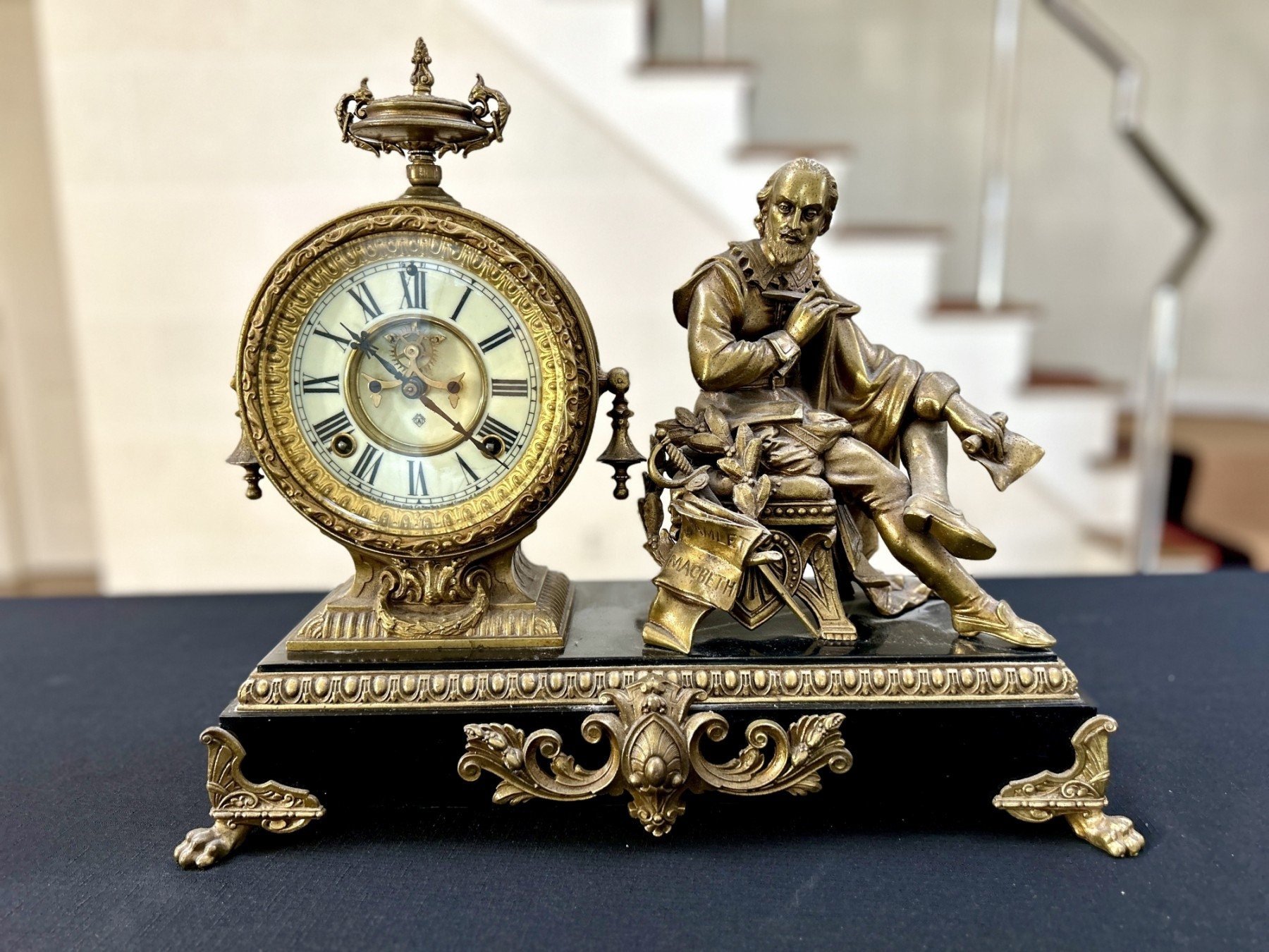 アンティーク大理石置時計 ANSONIA 置き物、装飾品 Antique 1800's Ansonia Decorative Shakespeare Figure Mantle Clock