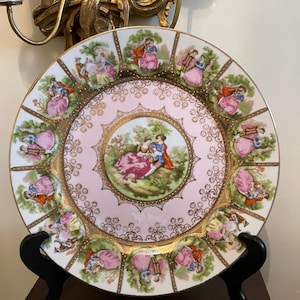 Vintage Set of 8 Love Story Porcelain Dinner Plates  Fragonard Courting Couple Gold Trim Porcelain Collectible Wall Art Elegant Home Accent