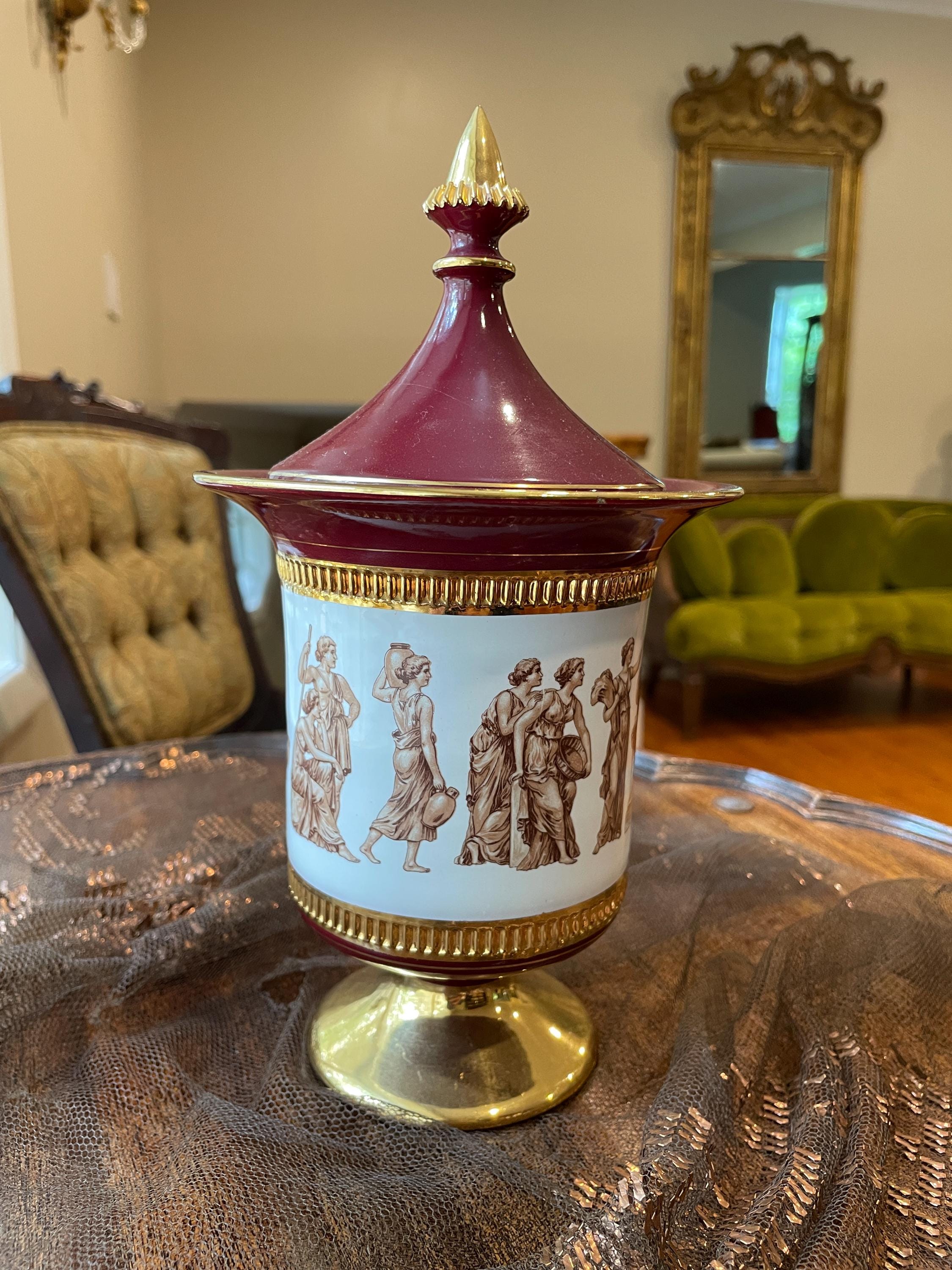 ヴィンテージ イタリア製 壷型 蓋付き花瓶 ブルゴーニュゴールド 脚