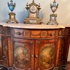 Antique French Marble Top Sideboard Hand Painted Panels Louis XV Style Painted Cabinet Elegant Drawers Luxurious Furniture Console Buffet