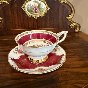 Vintage Royal Stafford Bone China Tea Cup and Saucer Set Coffee Cup Saucer Red and Gold Floral Pattern Made in England