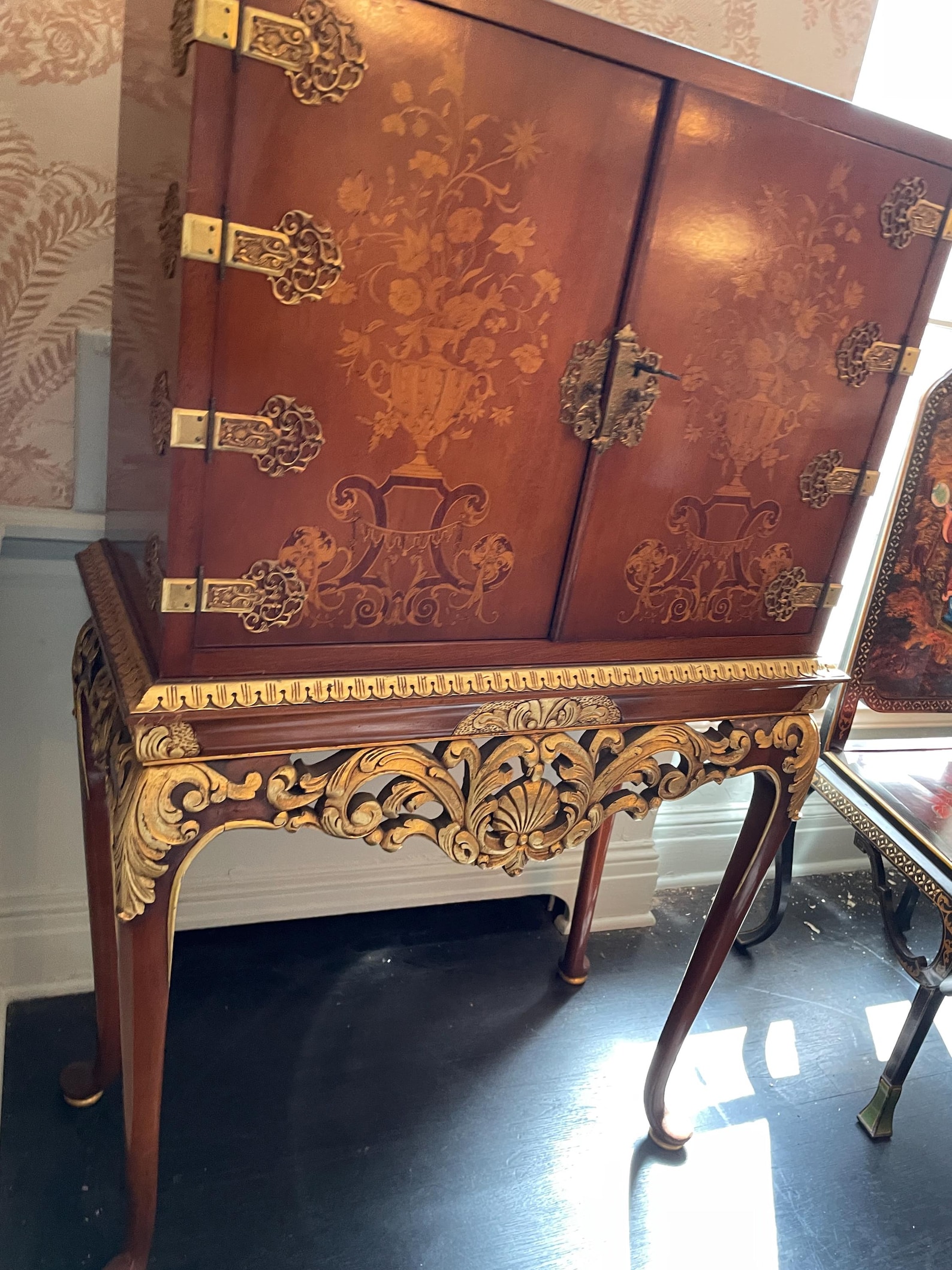 Vintage French Style Accent Cabinet, Floral Inlay, Gold Gilded Table ...