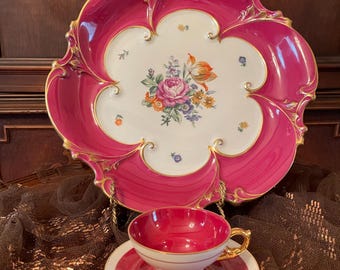 Vintage Hand Porcelain Floral Design Collectible Serving Plate  Matching Cup Saucer.Made in Germany