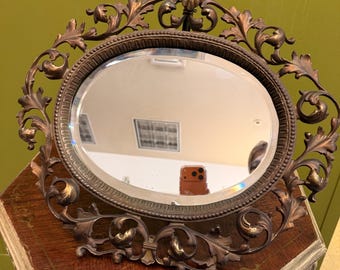 Antique French Brass Table Beveled Glass Vanity Mirror, Ornate Acanthus Leaf Easel Mirror