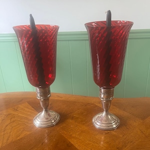 Vintage Ruby Red Glass Hurricane Candle Holders Silver Base Art Deco Home Decor Retro Lighting Hollywood Regency Table Centerpiece Decor