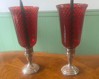 Vintage Pair Sterling Silver Ruby Red Glass Hurricane Candle Holders