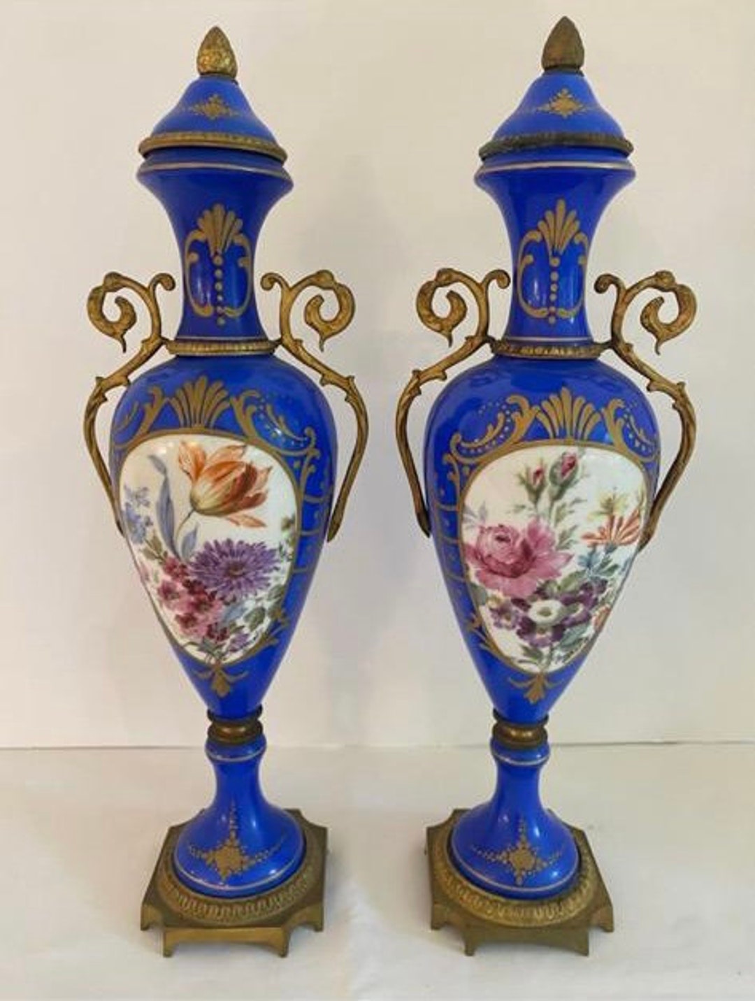 Antique French Cobalt Blue Porcelain Vases Pair Floral Urns Gilt