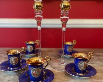 Vintage Cobalt Blue Porcelain Demitasse Cups Saucer Set Gilded Romantic Scene Vienna Style Collectible Espresso Display Decor Elegant Set