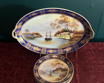 Vintage Japan Porcelain Plate Set Cobalt Blue Gold Trim Scenic Lake Village Landscape Hand Painted Display Art Decor Collectible Elegant