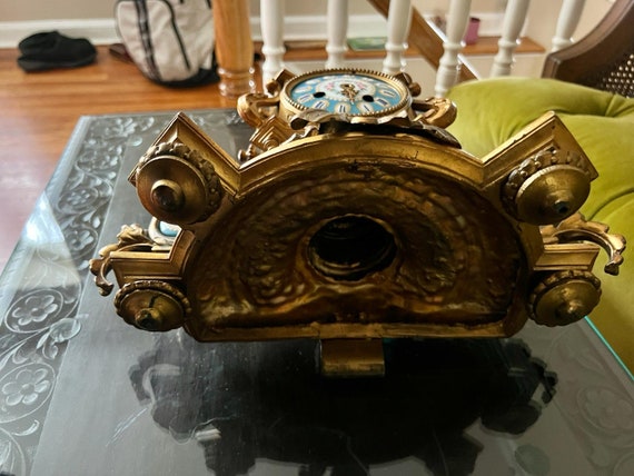 Antique French Bronze Cherub Mantel Clock Blue Porcelain Accents