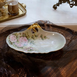 Antique Porcelain Tray Hand Painted Pink Roses Gilded Handle Oval Vanity Dish Art Nouveau Decorative Plate Floral Display Collectible