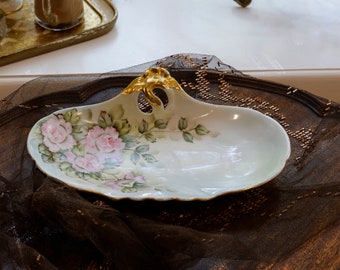 Antique Porcelain Tray Hand Painted Pink Roses Gilded Handle Oval Vanity Dish Art Nouveau Decorative Plate Floral Display Collectible