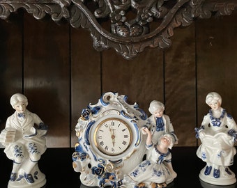 Set of 3 Vintage, White Blue, Golden, Porcelain China Quartz,Antique Clock,Porcelain Figurine,French Style Couple,Mental Clock,Working Clock