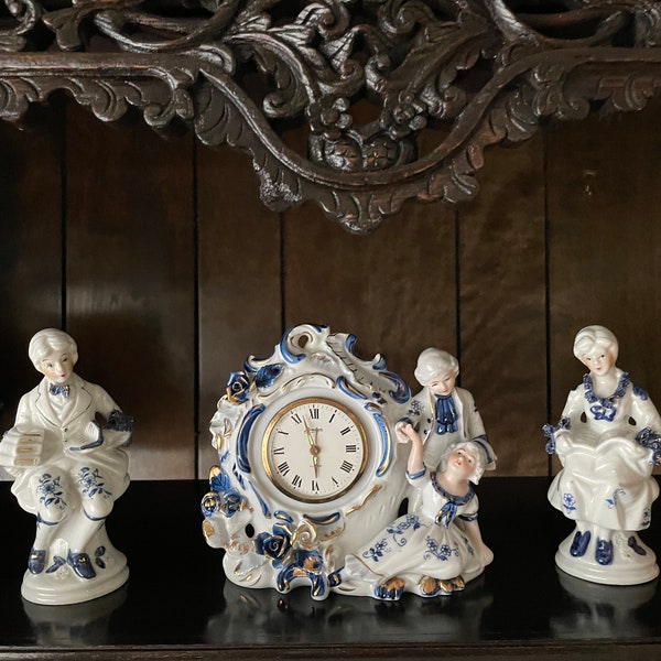 Set of 3 Vintage, White Blue, Golden, Porcelain China Quartz,Antique Clock,Porcelain Figurine,French Style Couple,Mental Clock,Working Clock