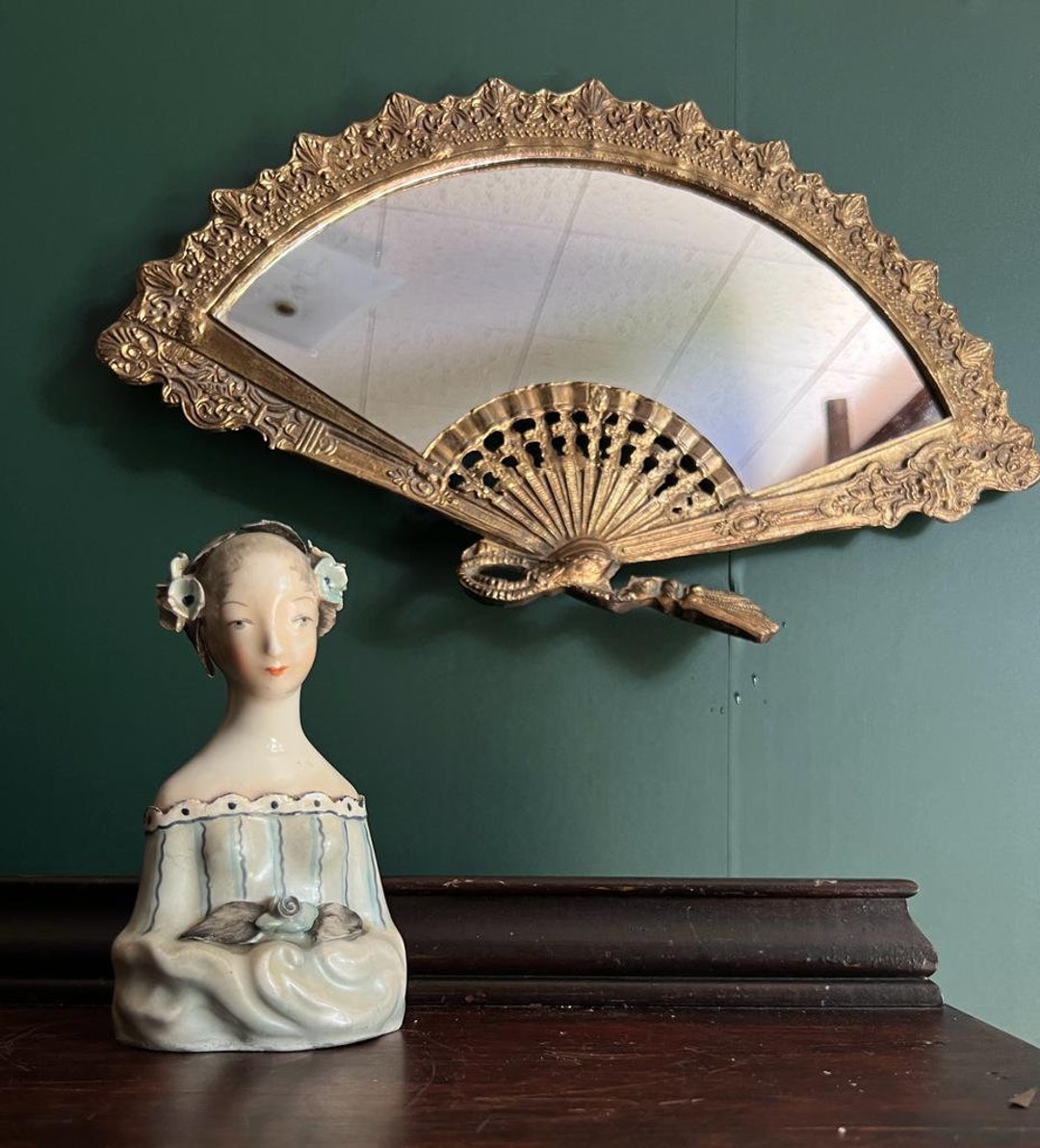 Antique Bronze Fan Shaped Wall Mirror Boudoir Mirror 1920s Etsy