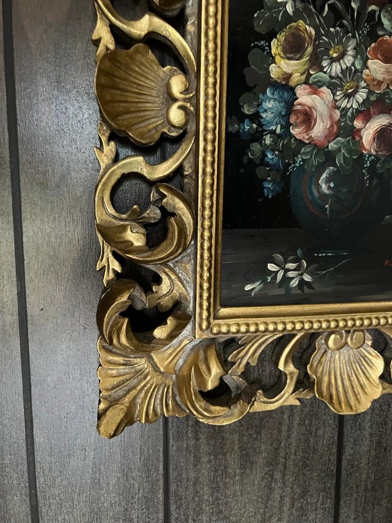 Original Vintage Floral Oil Painting on Wood Board Peony Daisy Gold