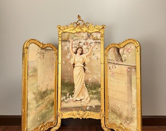 Antique French Rococo Folding Screen: Hand-Painted Silk Panels, Gilt Wood Louis XV Style