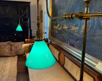 Antique Brass Floor Lamp, Emerald Green Glass Shade, Art Nouveau Library Lamp