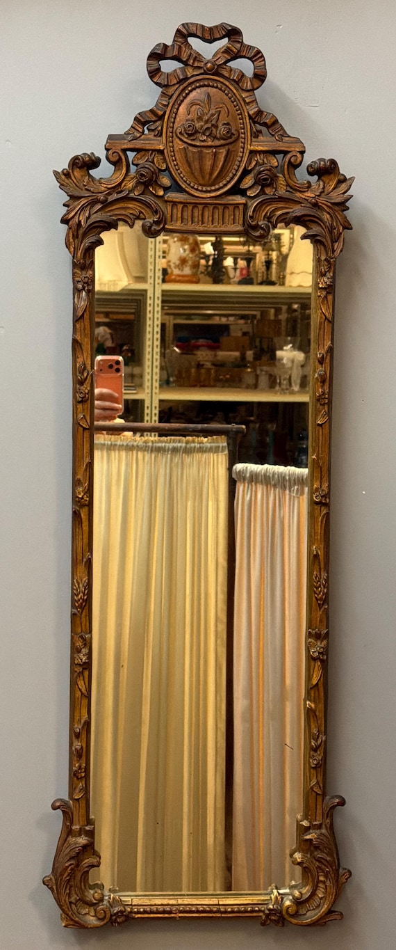 Tall Narrow Vintage French Louis XVI Wall Mirror Ornate Brown and Gold Carved Frame Entryway Mirror