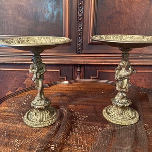Antique Brass Compote Dish Pair Elegant Detailed Stands Featuring Classical Musician Figures Vintage French Style Home Decoration Accent