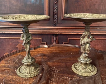 Antique Brass Compote Dish Pair Elegant Detailed Stands Featuring Classical Musician Figures Vintage French Style Home Decoration Accent