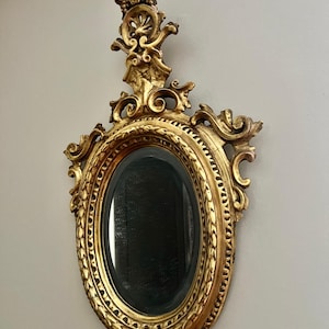 Antique Baroque Style Oval Wall Mirror Gold Gilt Frame Floral Crown Crest Elegant Carved Wood Accent Vintage French Style Mirror Decor