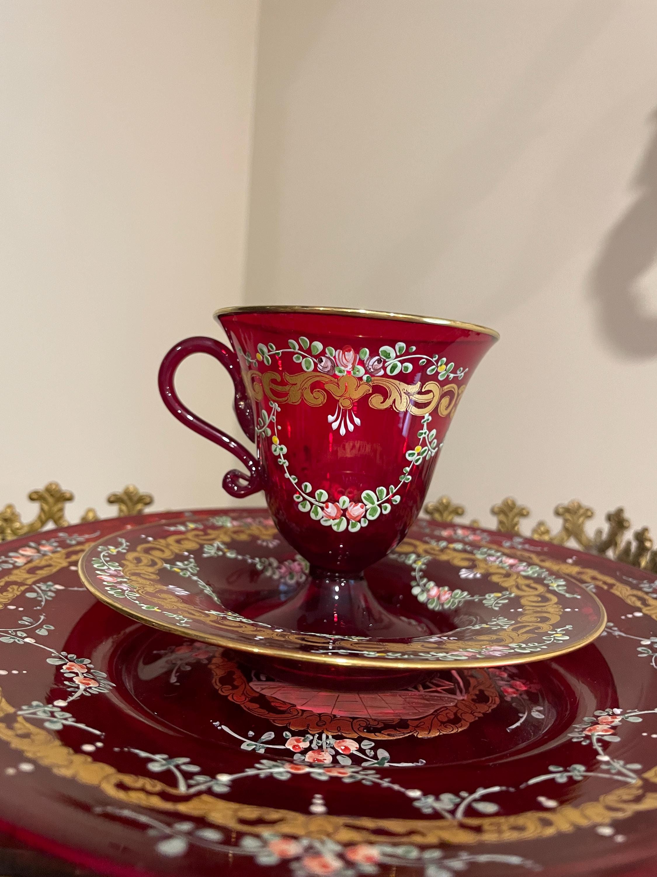 Bohemian Cranberry Glass Demitasse Cup Saucer Plate Set Gold Gilt