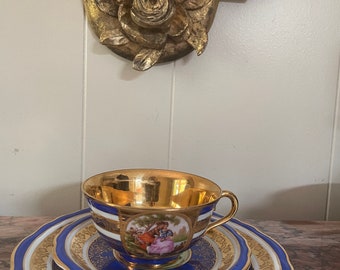 Vintage Set of 3 Blue & Gold Trim Froganard Design Collectible Cup Saucer Plate