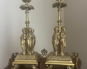 Antique Pair of Candlestick Candleholder Brass Three Graces Mid 1800s