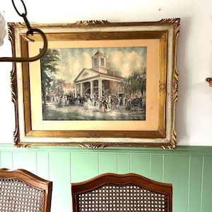 Large Antique Framed Art Print Courthouse Scene Historical People Horses Detailed Victorian Wall Decoration Ornate Gold Frame Fine Art