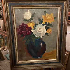Vintage Floral Still Life Painting Textured Oil Artwork In Ornate Frame Featuring Red Yellow White Roses In Vase Bold Brushstrokes Charm