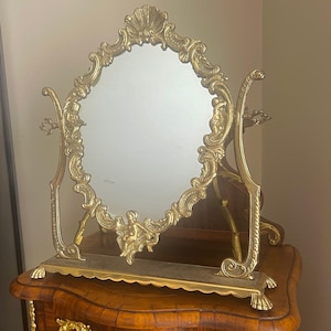 Antique French Rococo Vanity Mirror Brass Tabletop Mirror Cherub Detail Ornate Frame Victorian Style Boudoir Decor Elegant Accent Piece
