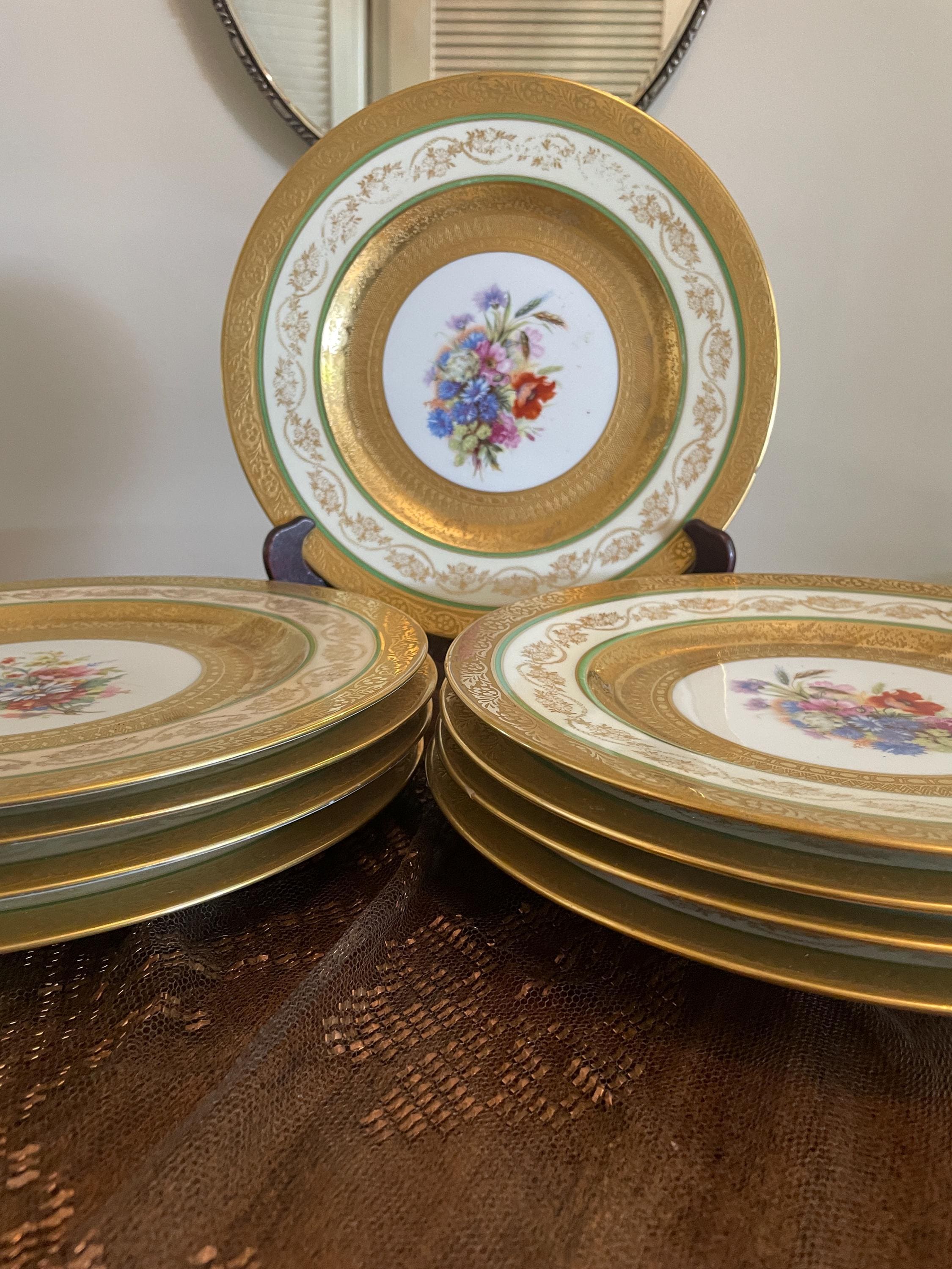 Vintage Bavaria Gold Gilded Floral Porcelain Dinner Plates Set of 9 Hand Painted Green Band Tableware Set Collectible Plates Dinnerware Set
